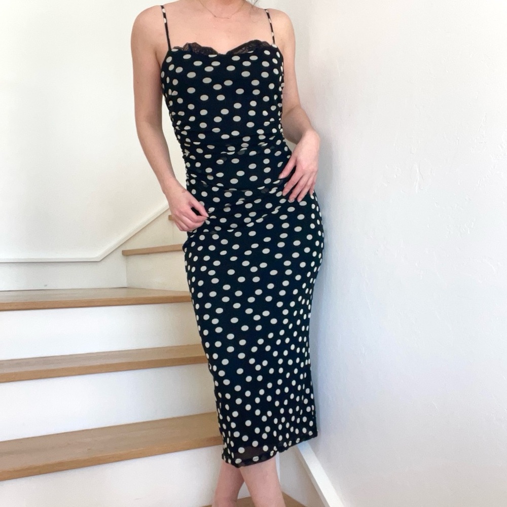 Edit by Nine Hozie Black White Polka Dot Lace Trim Spaghetti Strap Y2K Dress